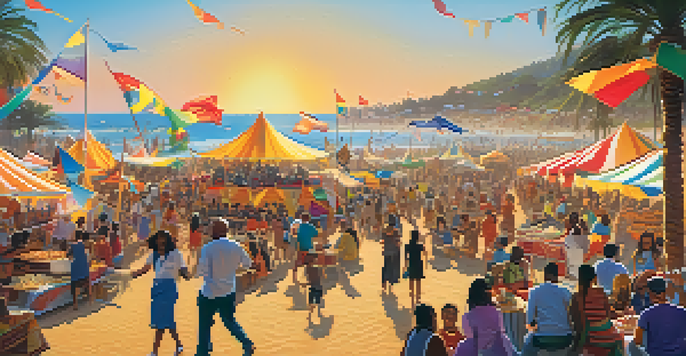 A lively festival at Santa Monica Beach with people of diverse backgrounds enjoying cultural performances and food stalls under a sunset.
