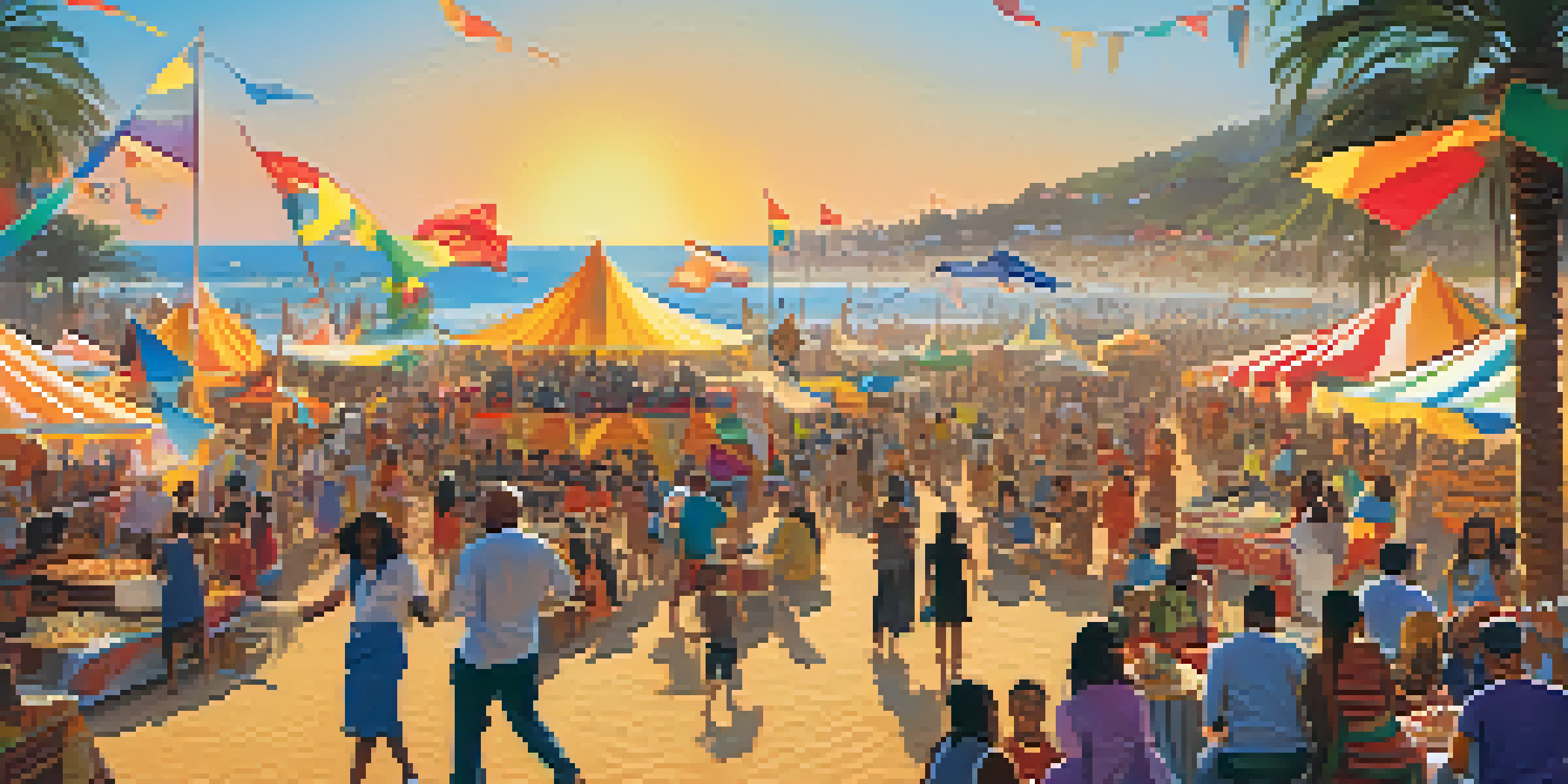 A lively festival at Santa Monica Beach with people of diverse backgrounds enjoying cultural performances and food stalls under a sunset.