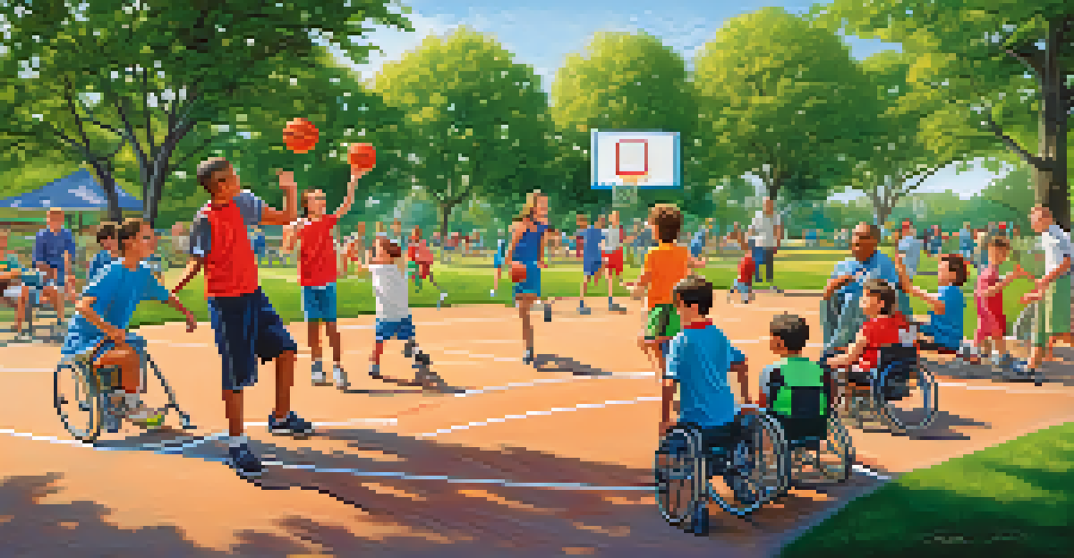 Young children with disabilities engaged in an adaptive basketball game at a park, showcasing teamwork and happiness.