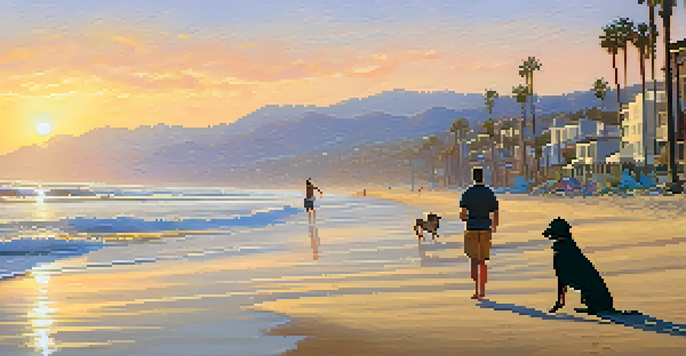 A dog playing in the sand at Santa Monica State Beach during sunset, with its owner nearby and palm trees in the background.