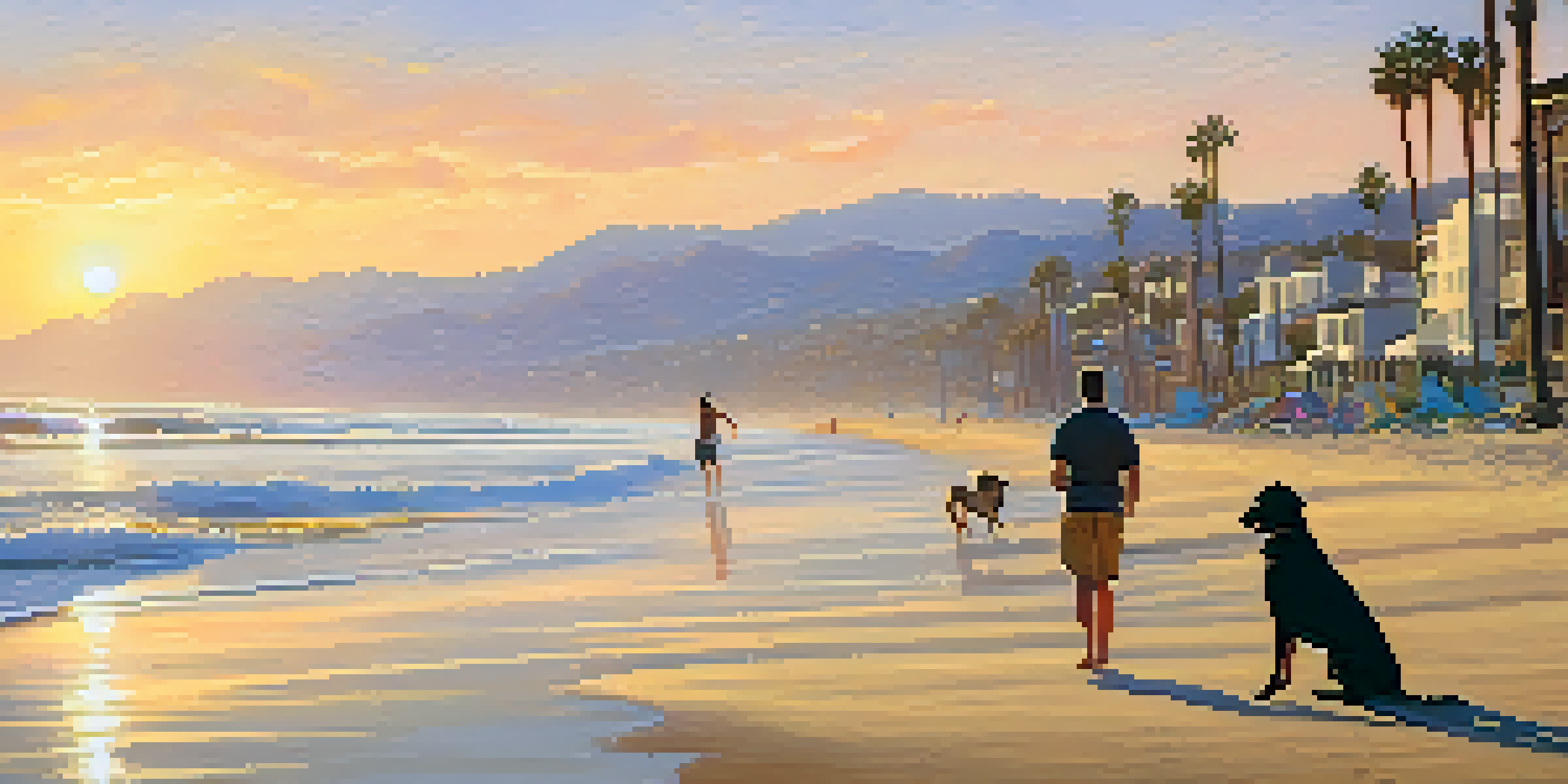 A dog playing in the sand at Santa Monica State Beach during sunset, with its owner nearby and palm trees in the background.