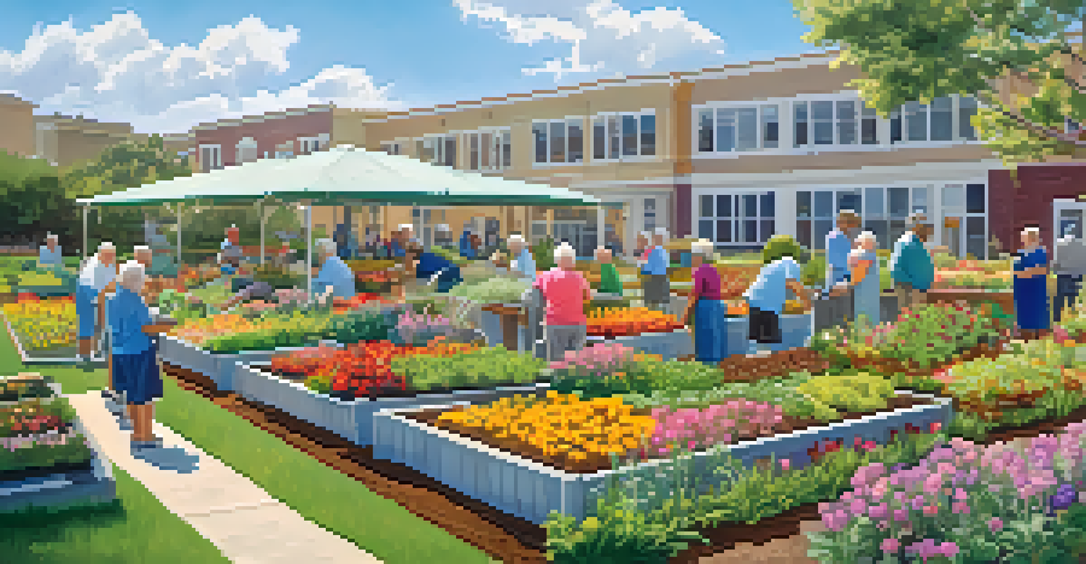 Seniors participating in a gardening workshop at the Ocean Park Community Center, surrounded by colorful plants and a clear blue sky.