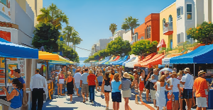 A bustling street filled with local artists and colorful artwork during the Santa Monica Art Walk, with a backdrop of the ocean and lively crowds.