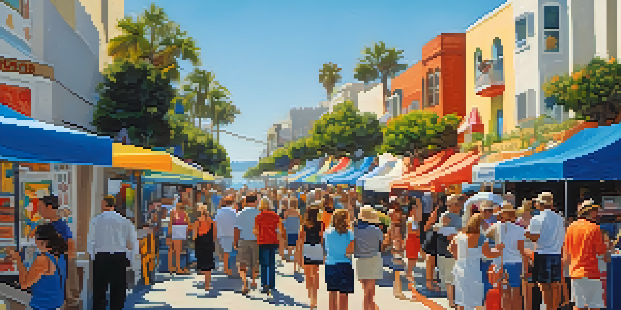 A bustling street filled with local artists and colorful artwork during the Santa Monica Art Walk, with a backdrop of the ocean and lively crowds.