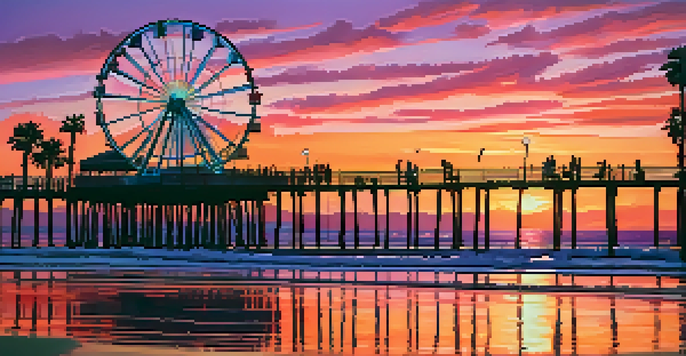 A beautiful sunset at Santa Monica Pier with vibrant sky colors, silhouettes of the Ferris wheel, palm trees, and people enjoying the view.