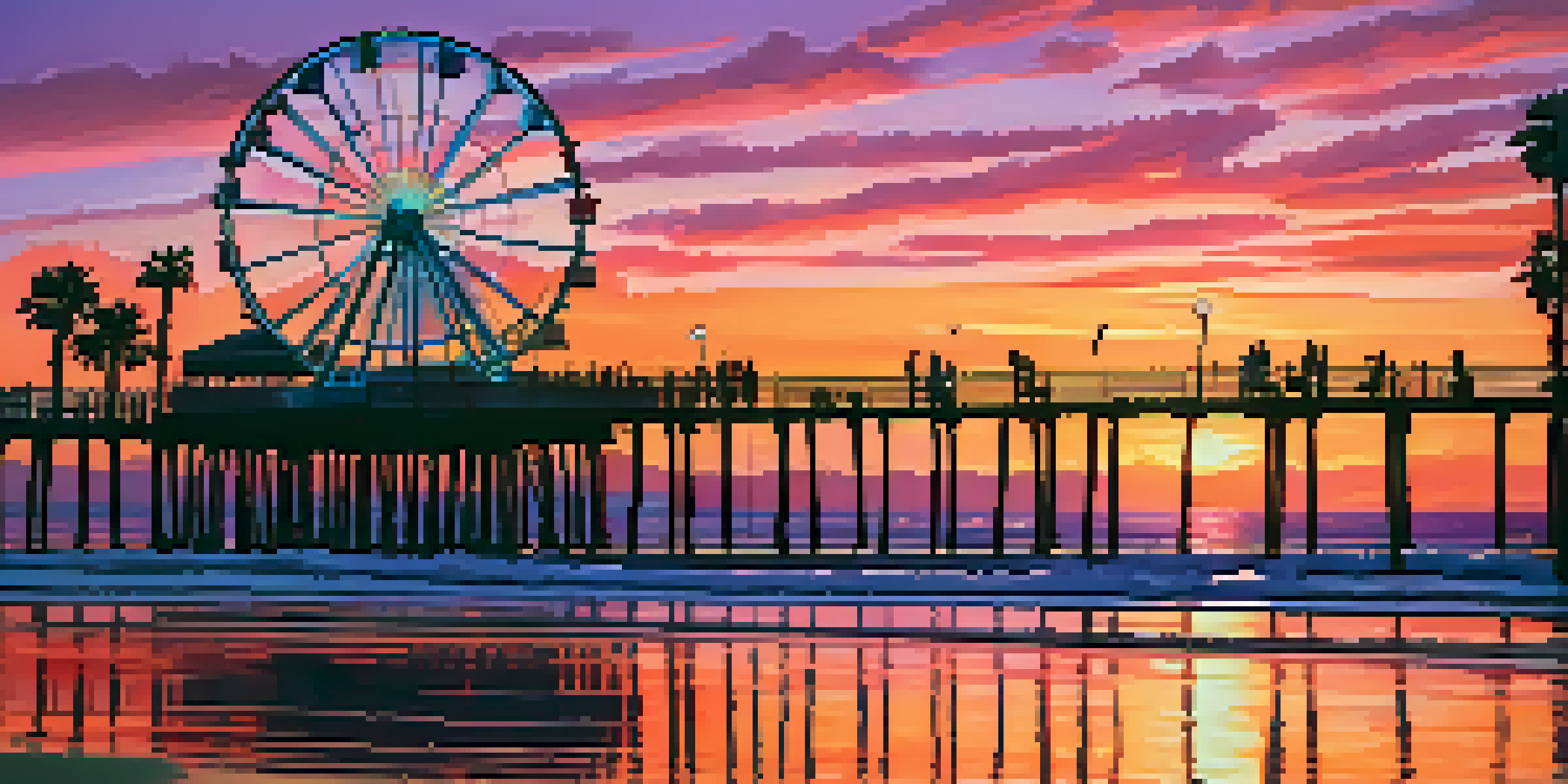 A beautiful sunset at Santa Monica Pier with vibrant sky colors, silhouettes of the Ferris wheel, palm trees, and people enjoying the view.