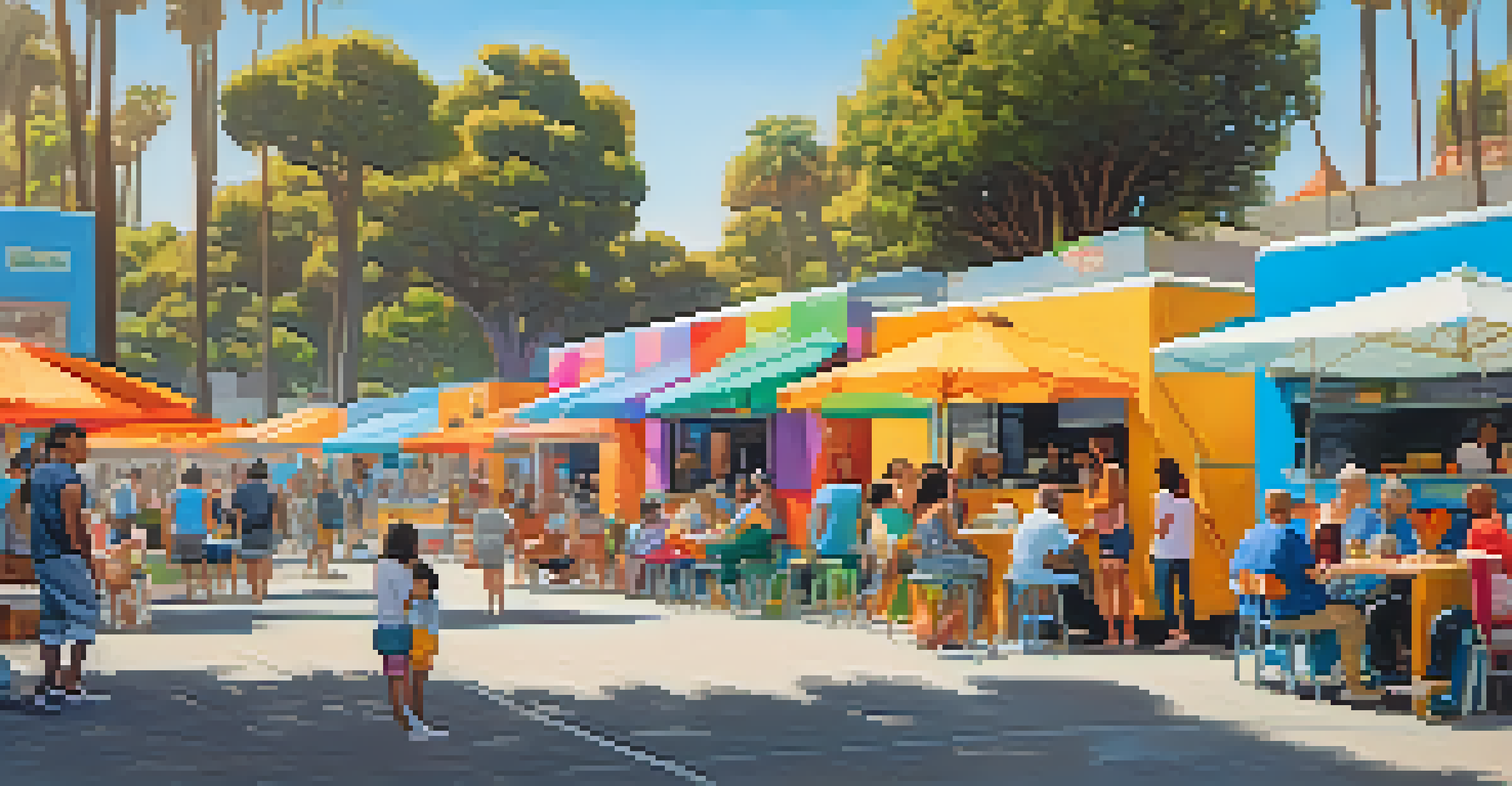 Families enjoying a meal at a food truck park, with colorful trucks and children laughing together.