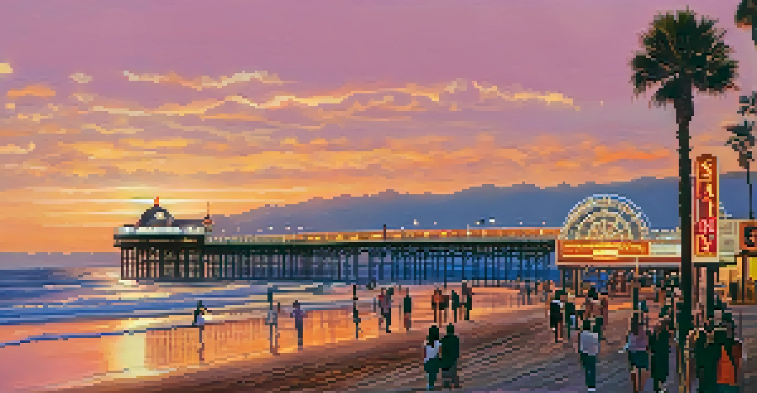 The Santa Monica Pier sign at sunset, with vibrant sky colors and people enjoying the ocean view.
