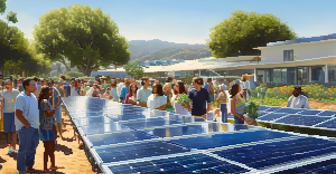 A community solar farm in Santa Monica with solar panels, families, and greenery under a blue sky.