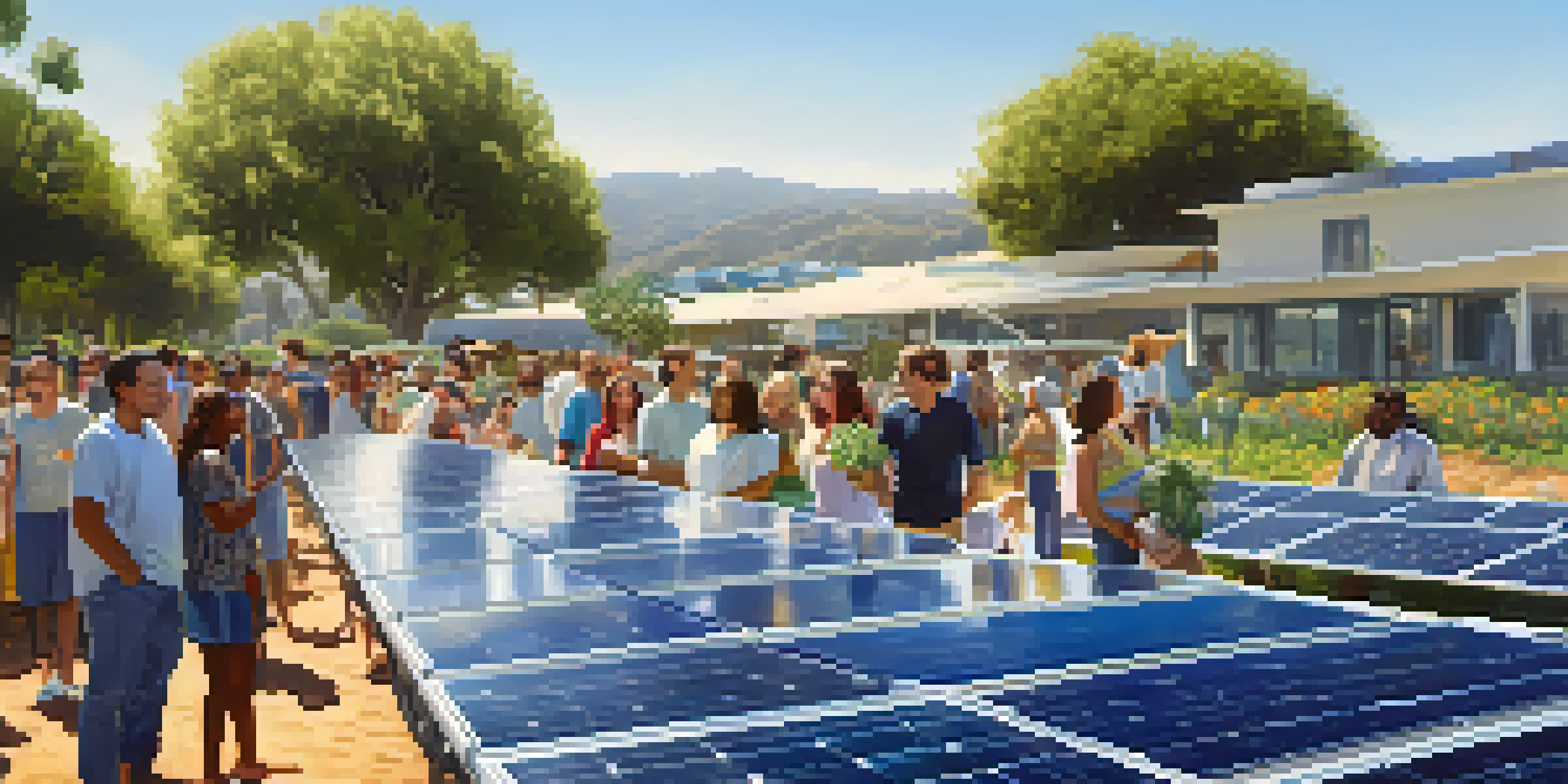 A community solar farm in Santa Monica with solar panels, families, and greenery under a blue sky.