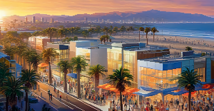 A lively Santa Monica beach scene with diverse professionals networking, modern office buildings, and palm trees during sunset.