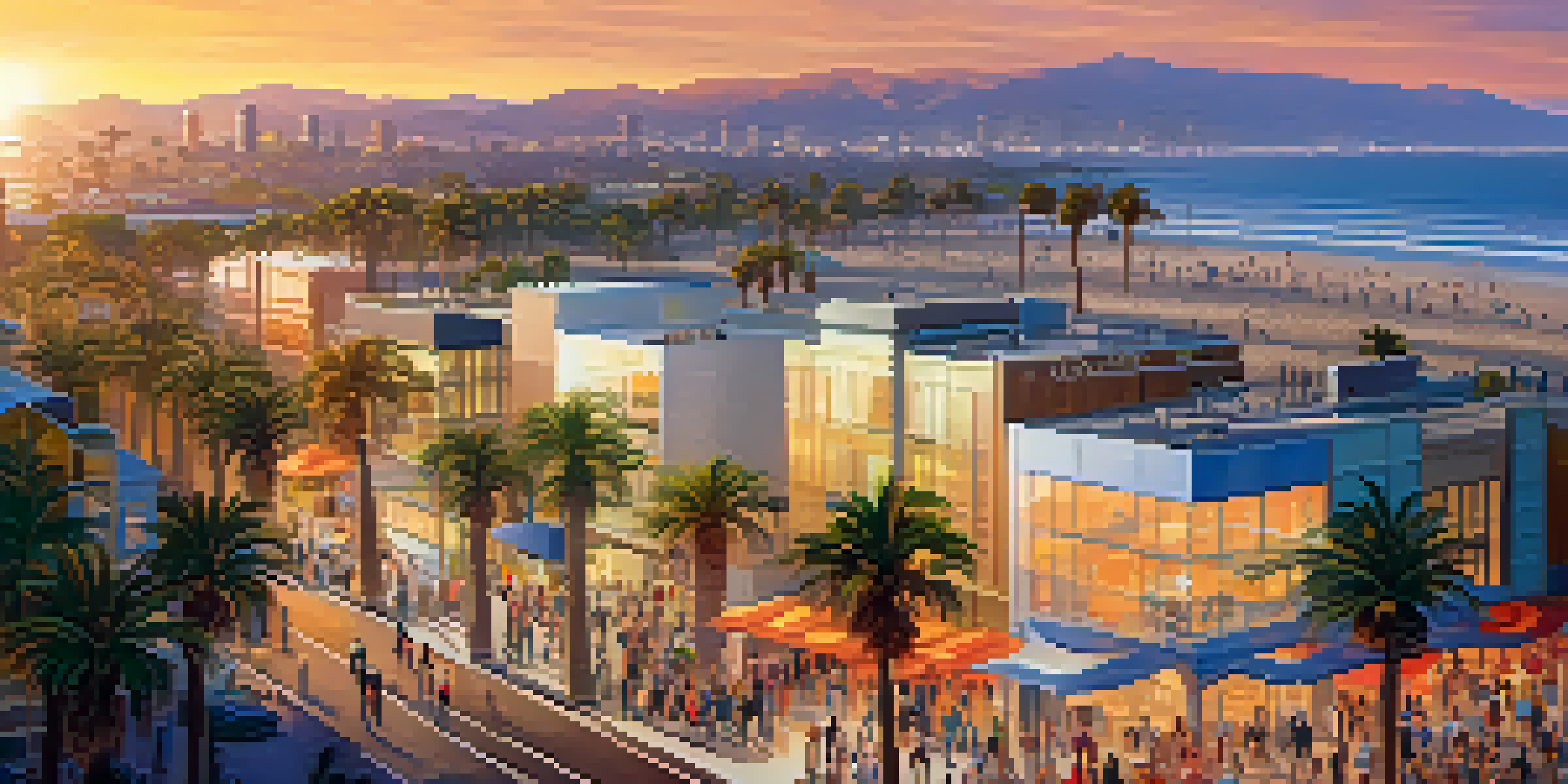 A lively Santa Monica beach scene with diverse professionals networking, modern office buildings, and palm trees during sunset.