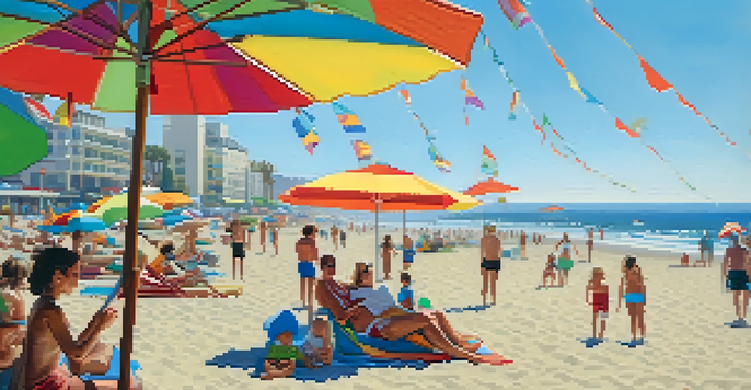 Families enjoying a sunny day at Santa Monica Beach, with colorful umbrellas and lifeguard flags visible.