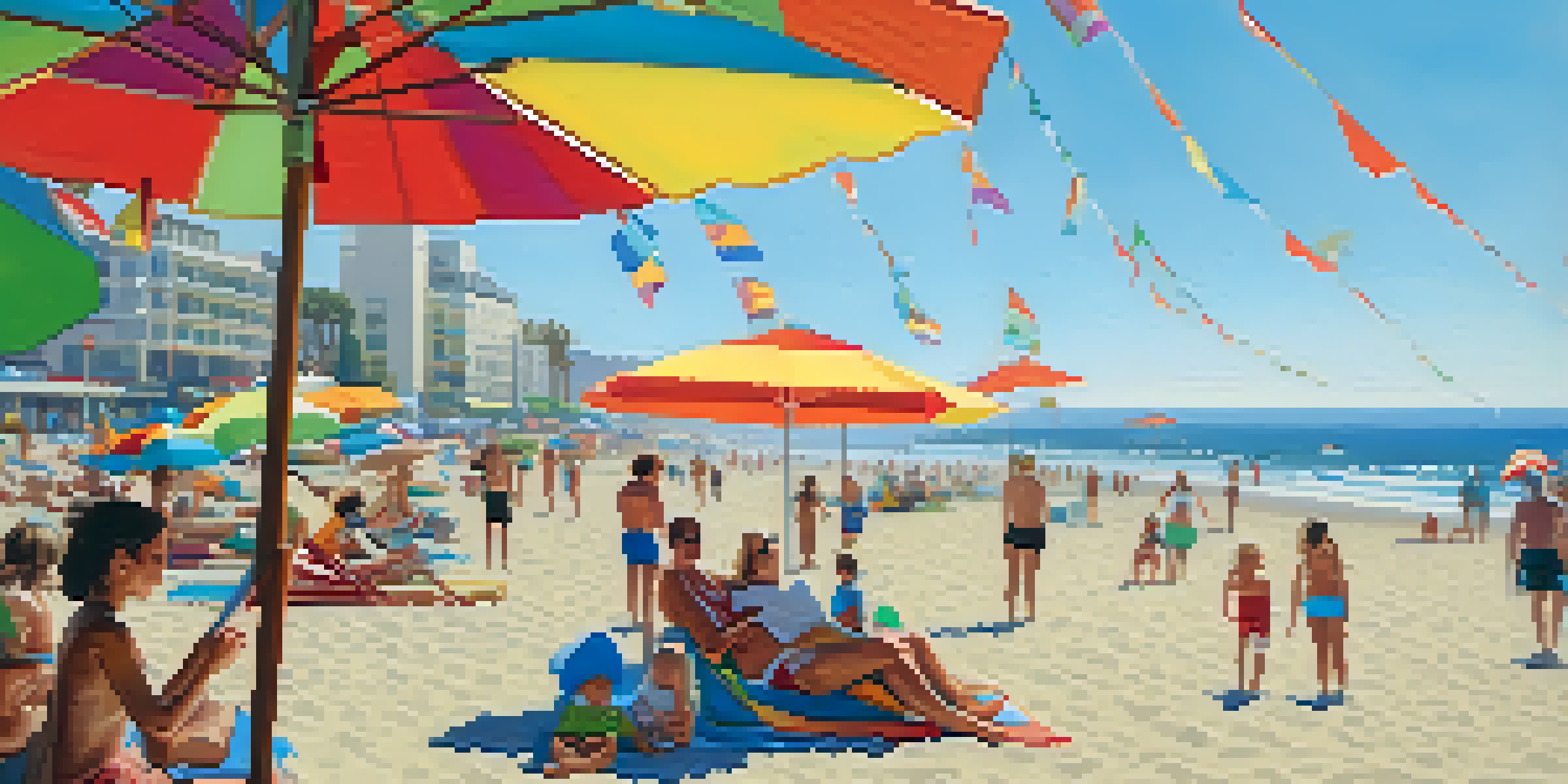 Families enjoying a sunny day at Santa Monica Beach, with colorful umbrellas and lifeguard flags visible.