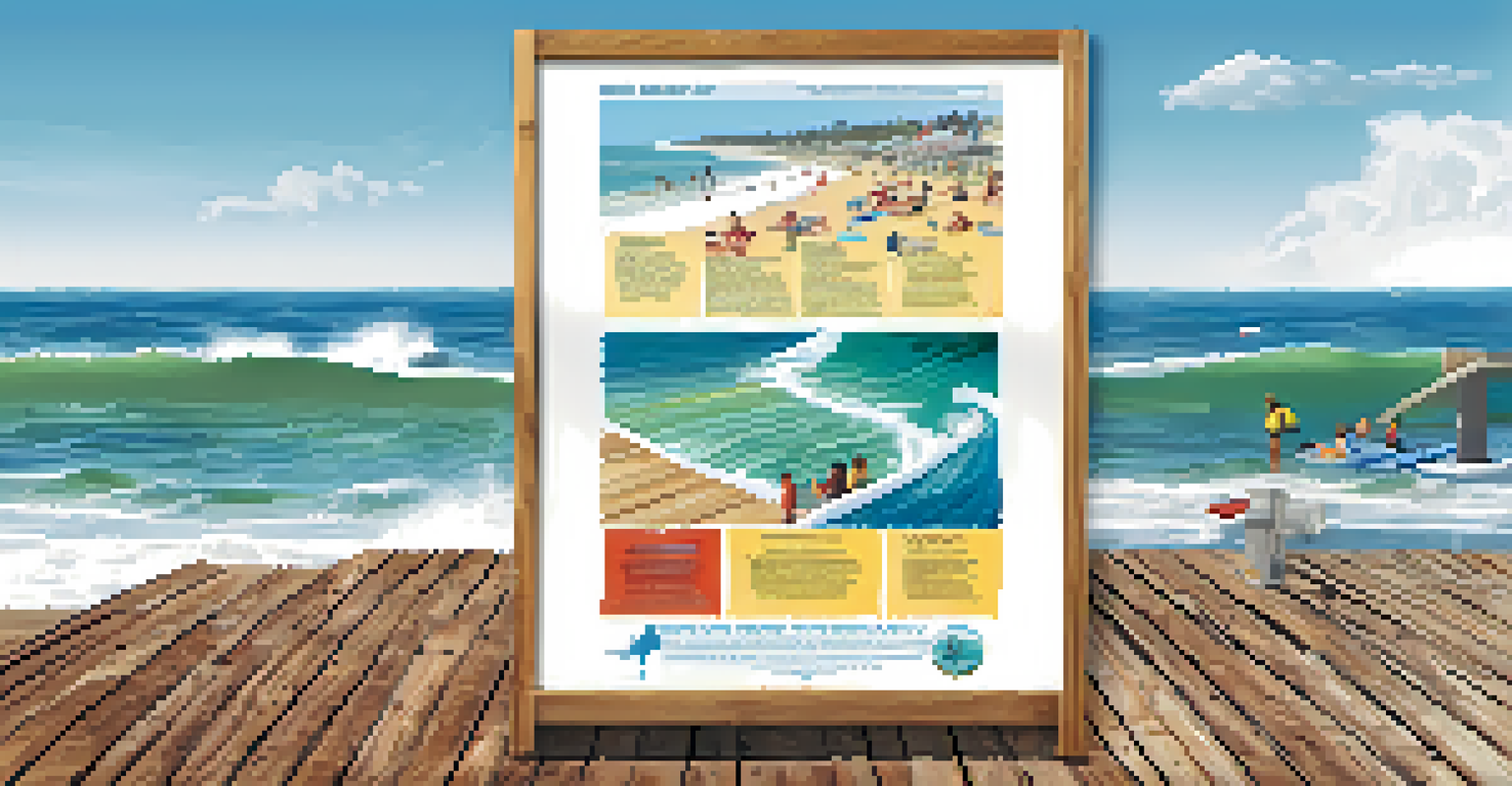An informative beach safety poster about rip currents, with a lifeguard and beachgoers in the background.
