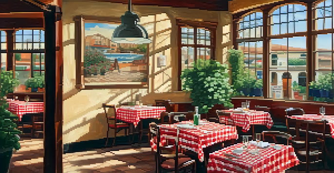 A cozy Italian restaurant with checkered tablecloths, sunlight coming through the windows, and a glass of Chianti next to a wood-fired pizza.