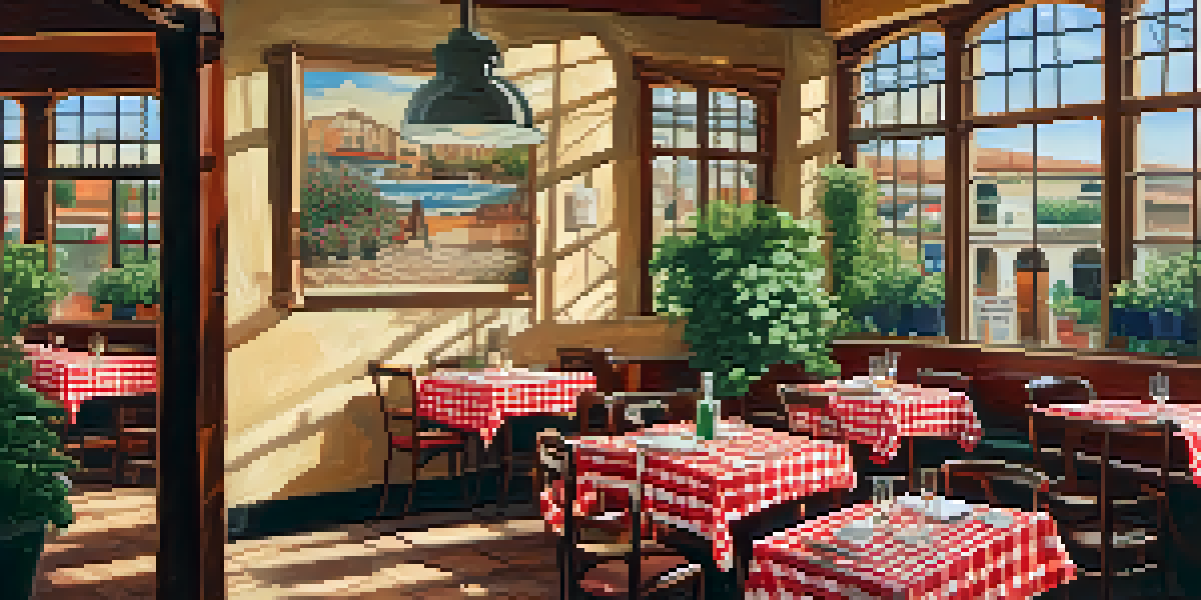 A cozy Italian restaurant with checkered tablecloths, sunlight coming through the windows, and a glass of Chianti next to a wood-fired pizza.