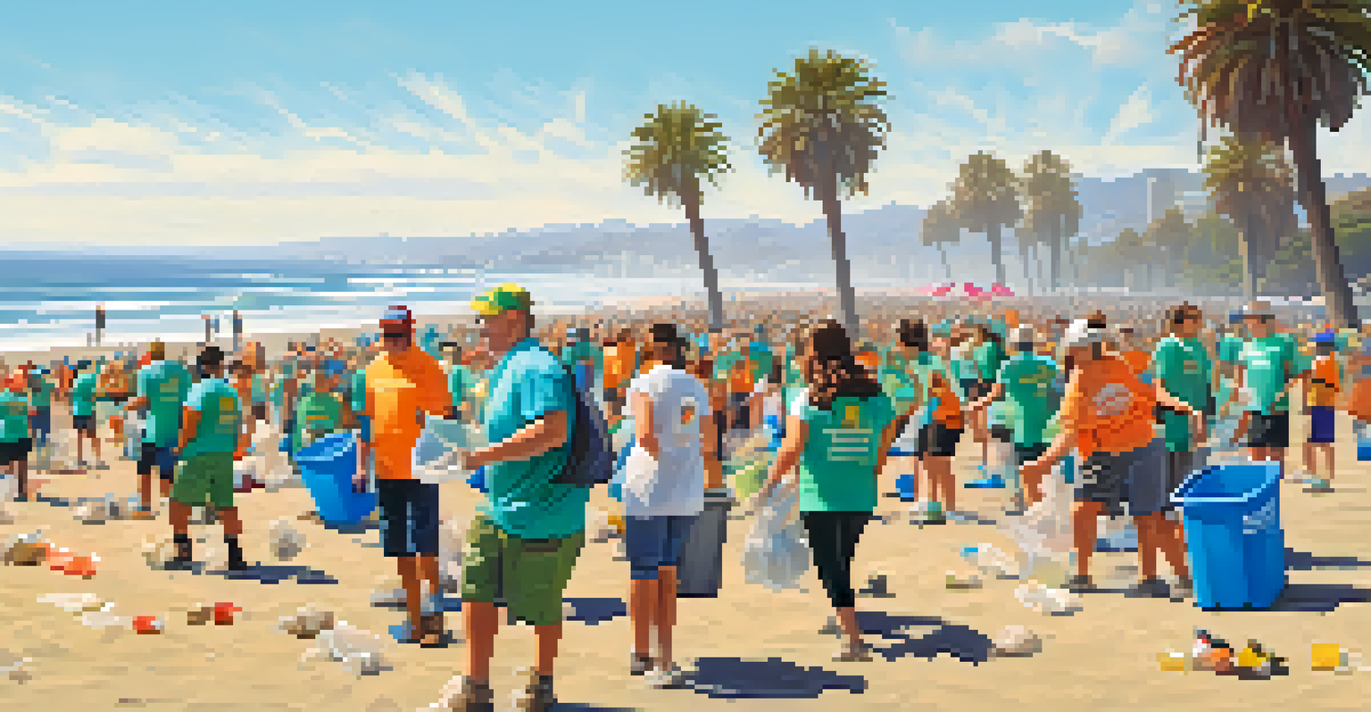 Teams competing in the Santa Monica Beach Clean-Up Challenge, collecting litter with a scoreboard in the background.