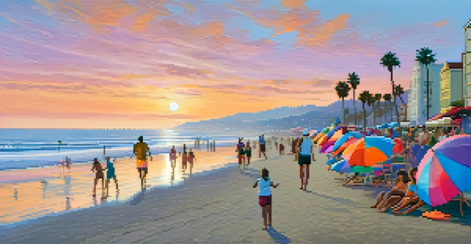 A sunset beach scene in Santa Monica with colorful umbrellas and people enjoying the beach.