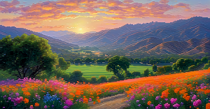 A beautiful sunset in the Ojai Valley with vibrant orange and pink colors, lush green fields, and wildflowers.