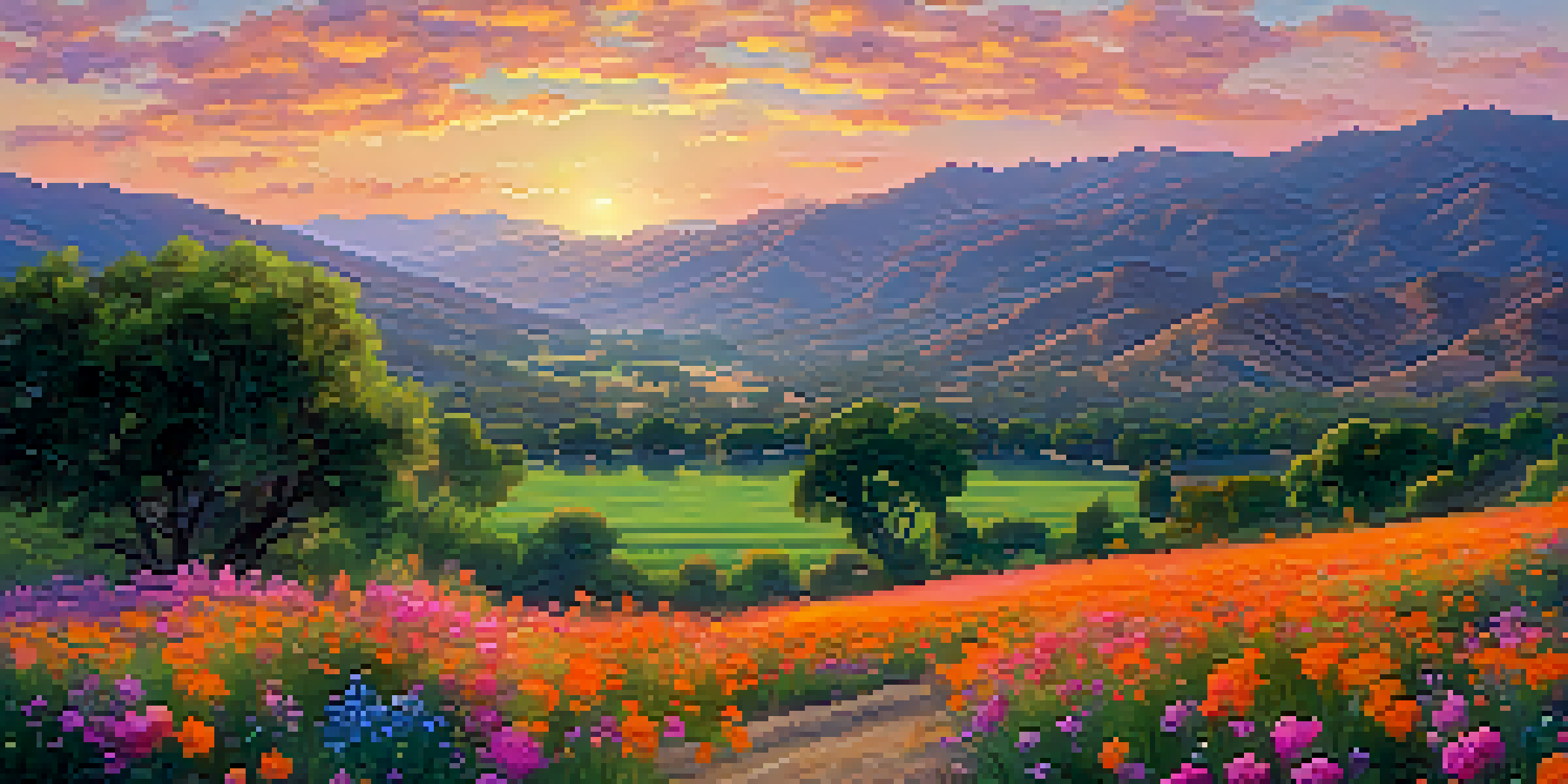 A beautiful sunset in the Ojai Valley with vibrant orange and pink colors, lush green fields, and wildflowers.