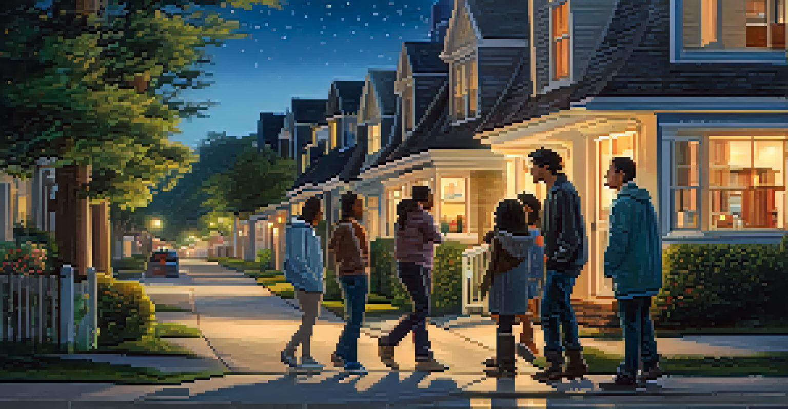 Residents walking together in a well-lit neighborhood at night, chatting and looking out for each other.