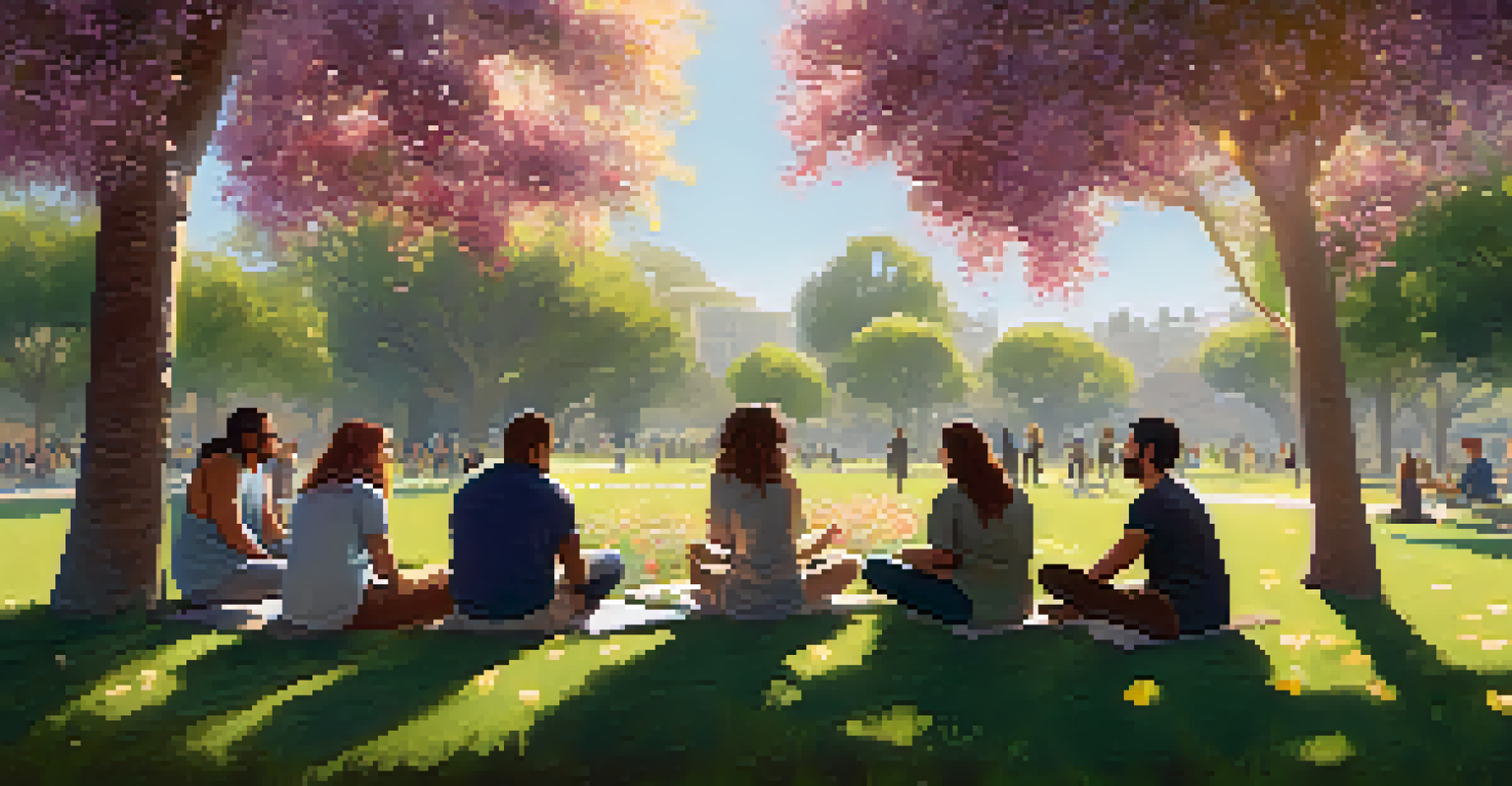 A peaceful mental health support group meeting outdoors in a park in Santa Monica, with participants sitting in a circle discussing with a facilitator.