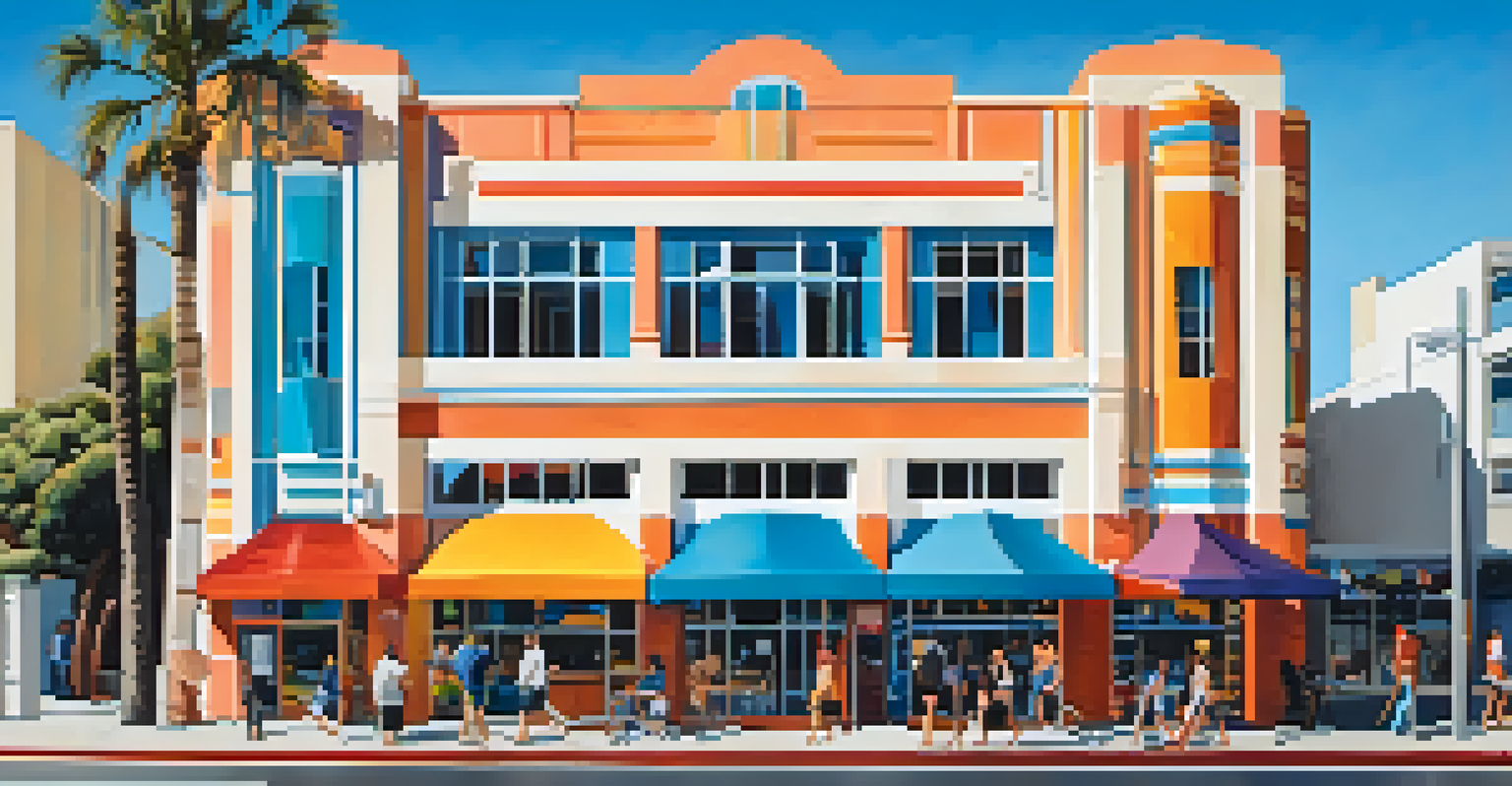 An Art Deco building in Santa Monica featuring colorful designs and geometric shapes, with people and the ocean in the background.