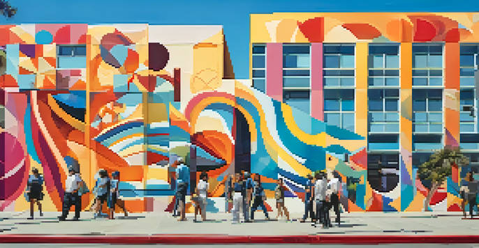 A colorful mural depicting abstract shapes and cultural symbols on a building, with people viewing it on a sunny day.