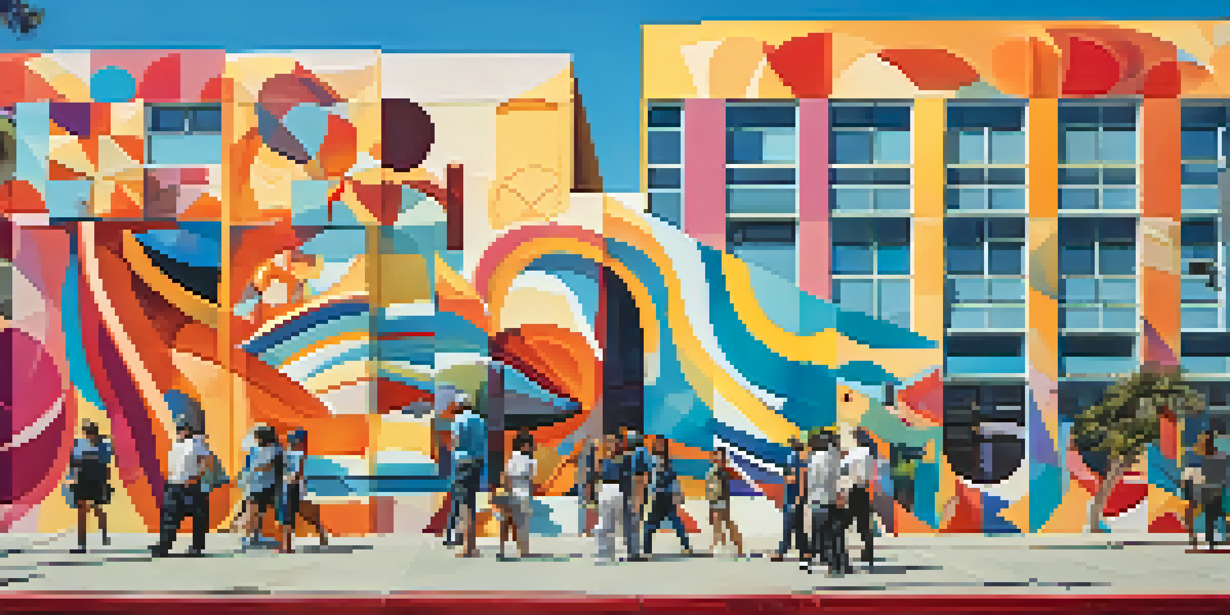 A colorful mural depicting abstract shapes and cultural symbols on a building, with people viewing it on a sunny day.