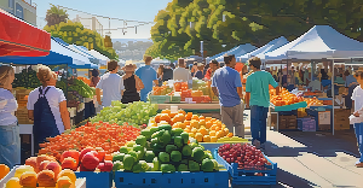 A lively farmers market in Santa Monica with fresh produce and people sampling goods under bright sunlight.
