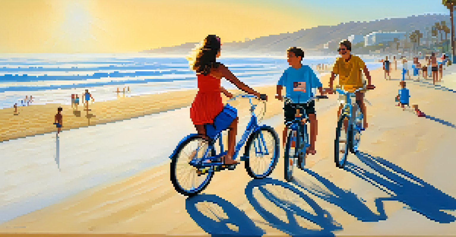 Families biking at Santa Monica State Beach with surfers and the ocean in the background.