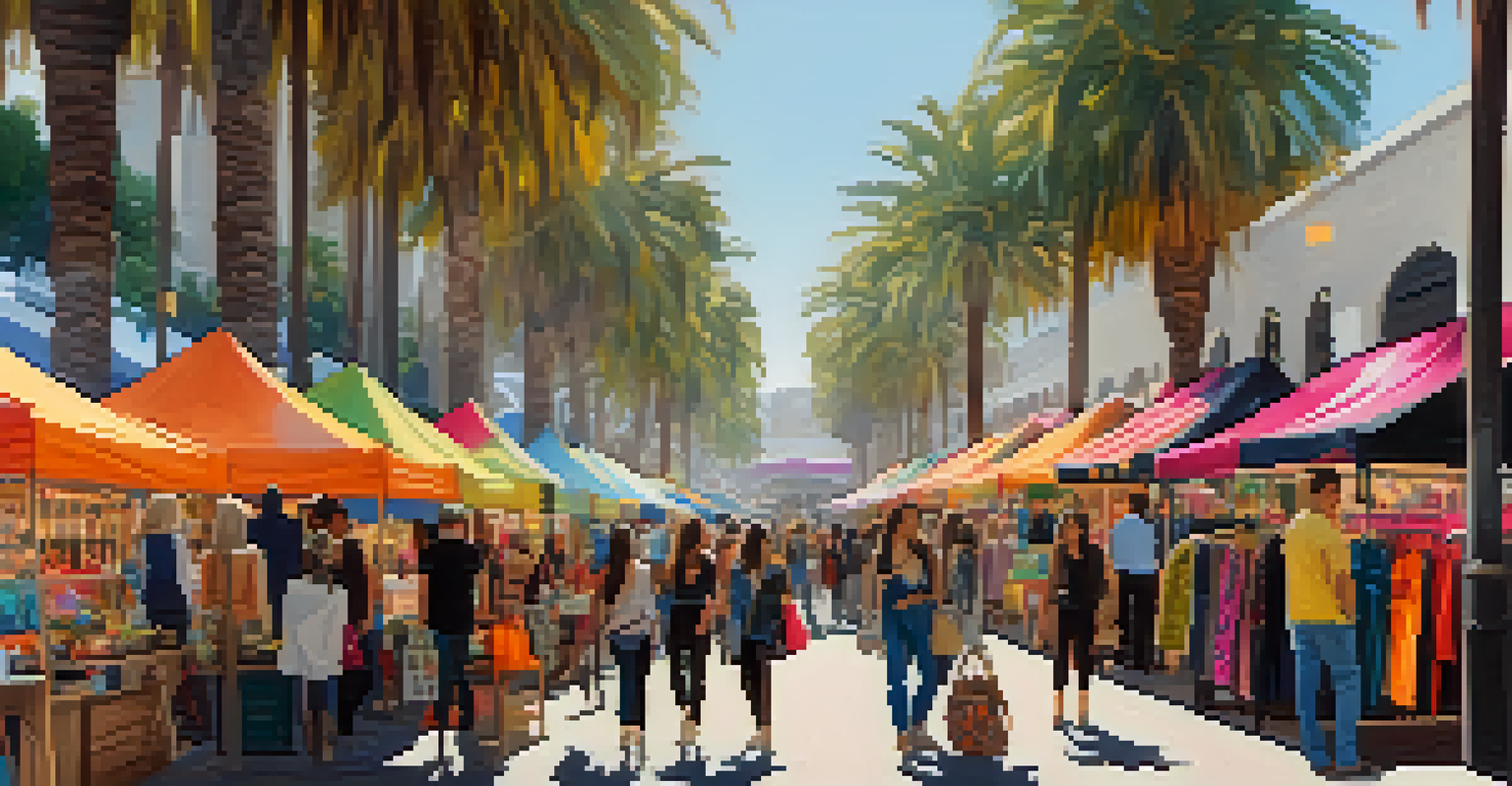 A colorful artisan market in Santa Monica with shoppers browsing unique fashion items at various stalls.