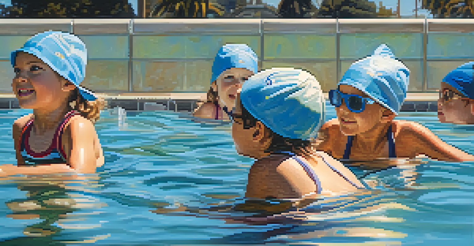Children practicing swimming strokes in a clear pool with colorful swim caps and sunlight reflecting off the water.