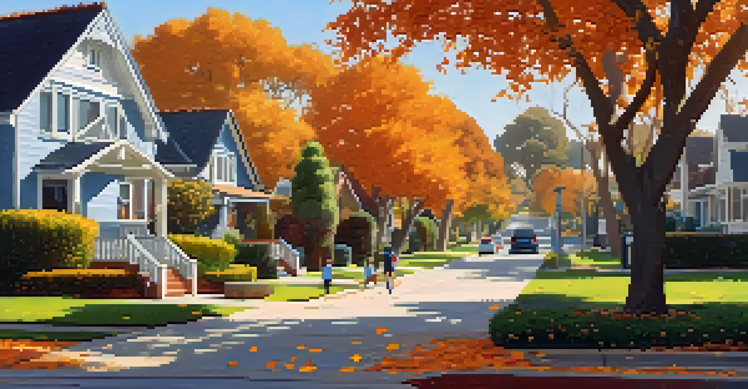 An autumn scene in Santa Monica with colorful trees, a cozy home, and children playing in the leaves.