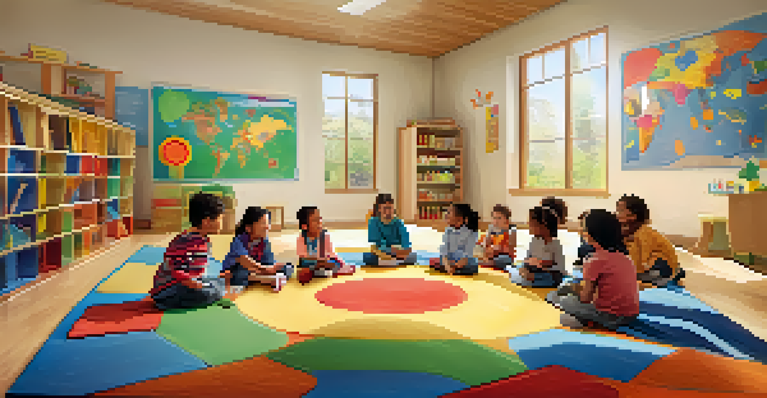 A bright, colorful classroom for early childhood education with children sitting in a circle and engaging in a group activity.