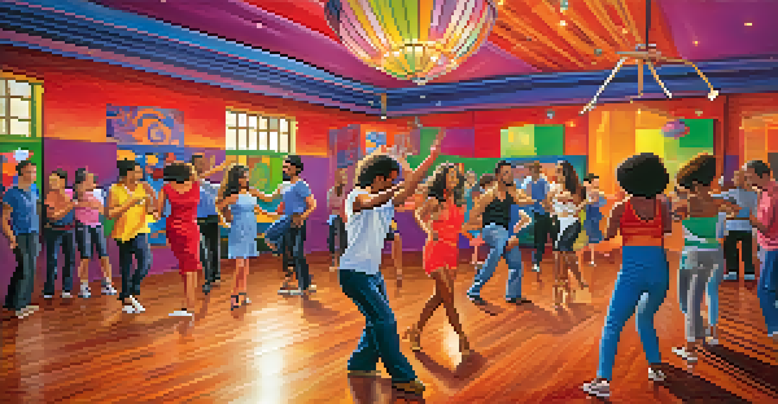 A vibrant salsa dance class with participants enjoying Latin music in a colorful studio.
