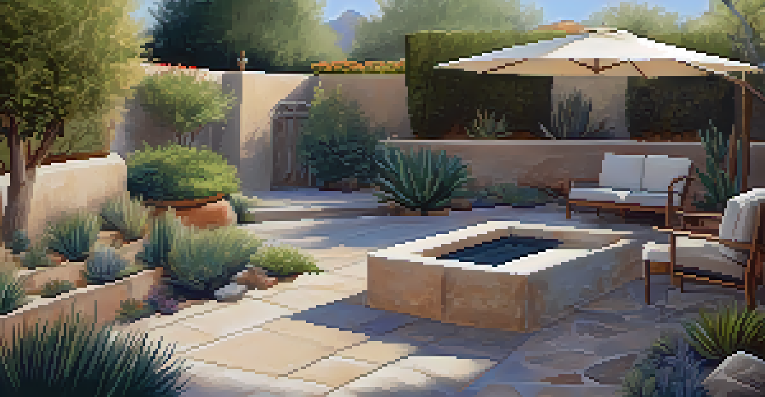 A beautifully designed garden layout with drought-resistant plants, decorative rocks, and a seating area for relaxation.