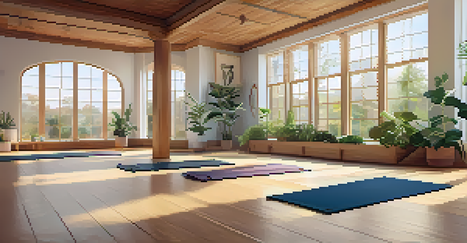 An inviting yoga studio with large windows, plants, and yoga mats arranged on a polished wooden floor, creating a calming atmosphere.