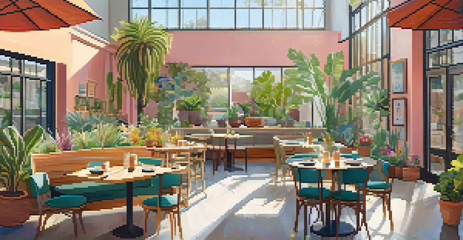 A plant-based cafe with a table full of colorful vegan dishes and natural light coming through large windows.