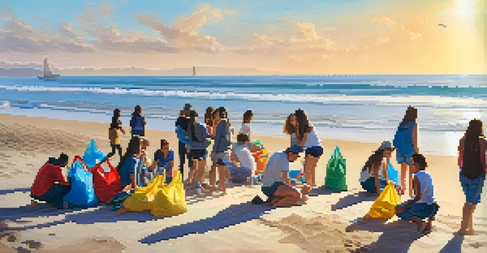 A group of diverse young activists cleaning up the beach in Santa Monica under a bright sun.