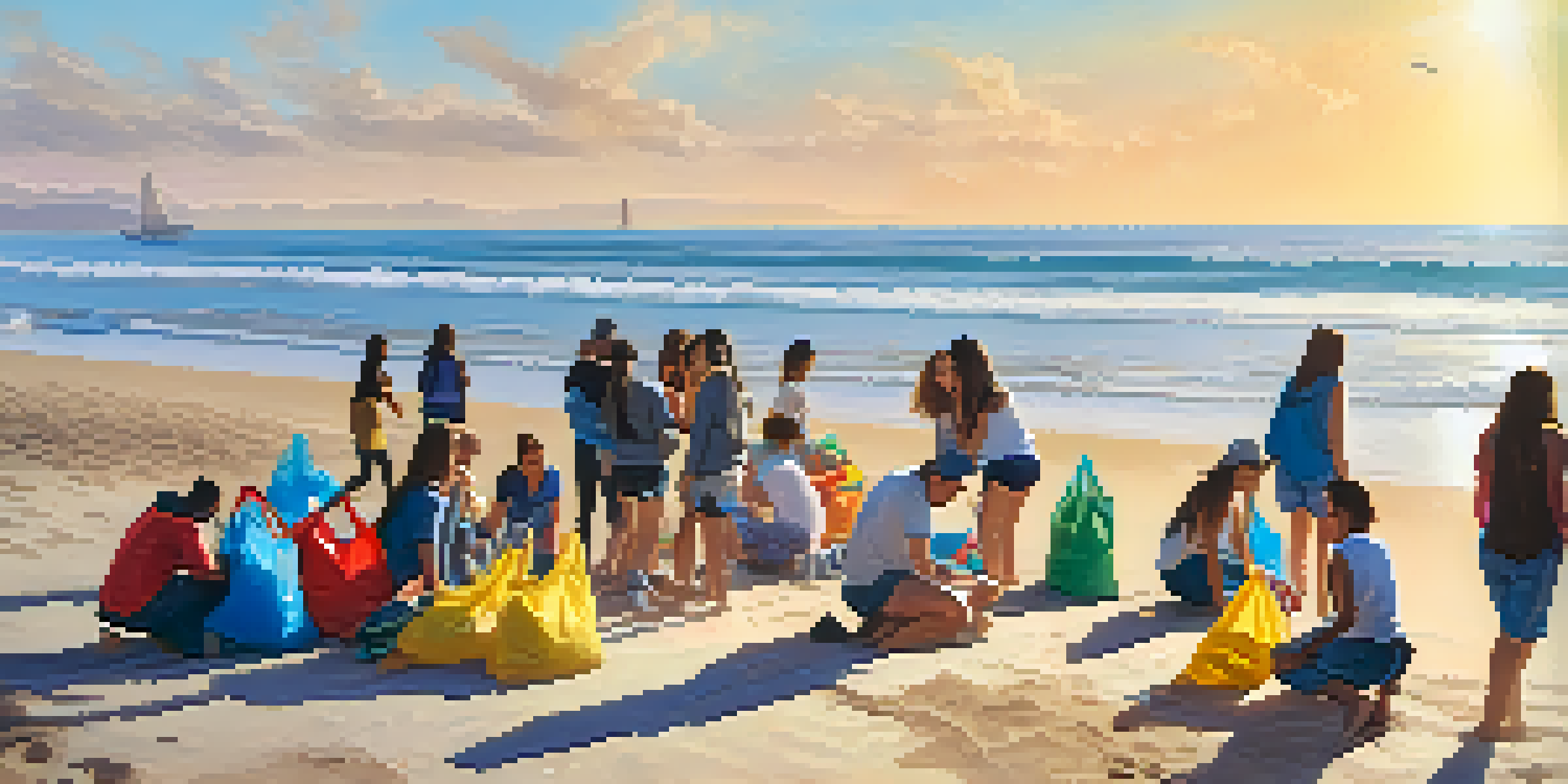 A group of diverse young activists cleaning up the beach in Santa Monica under a bright sun.