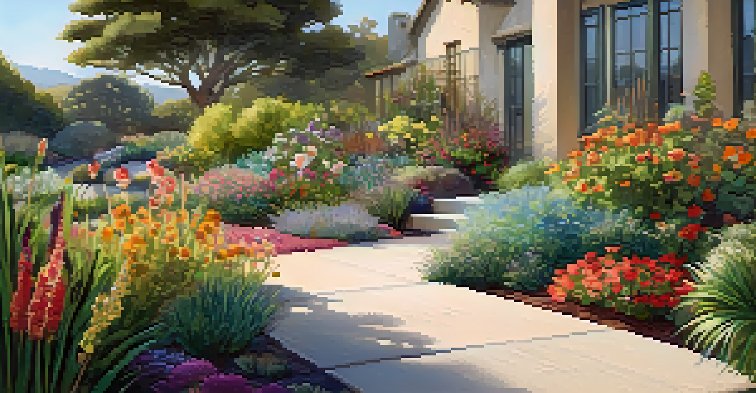 Close-up of an eco-friendly garden with native plants and a sign about sustainable gardening.