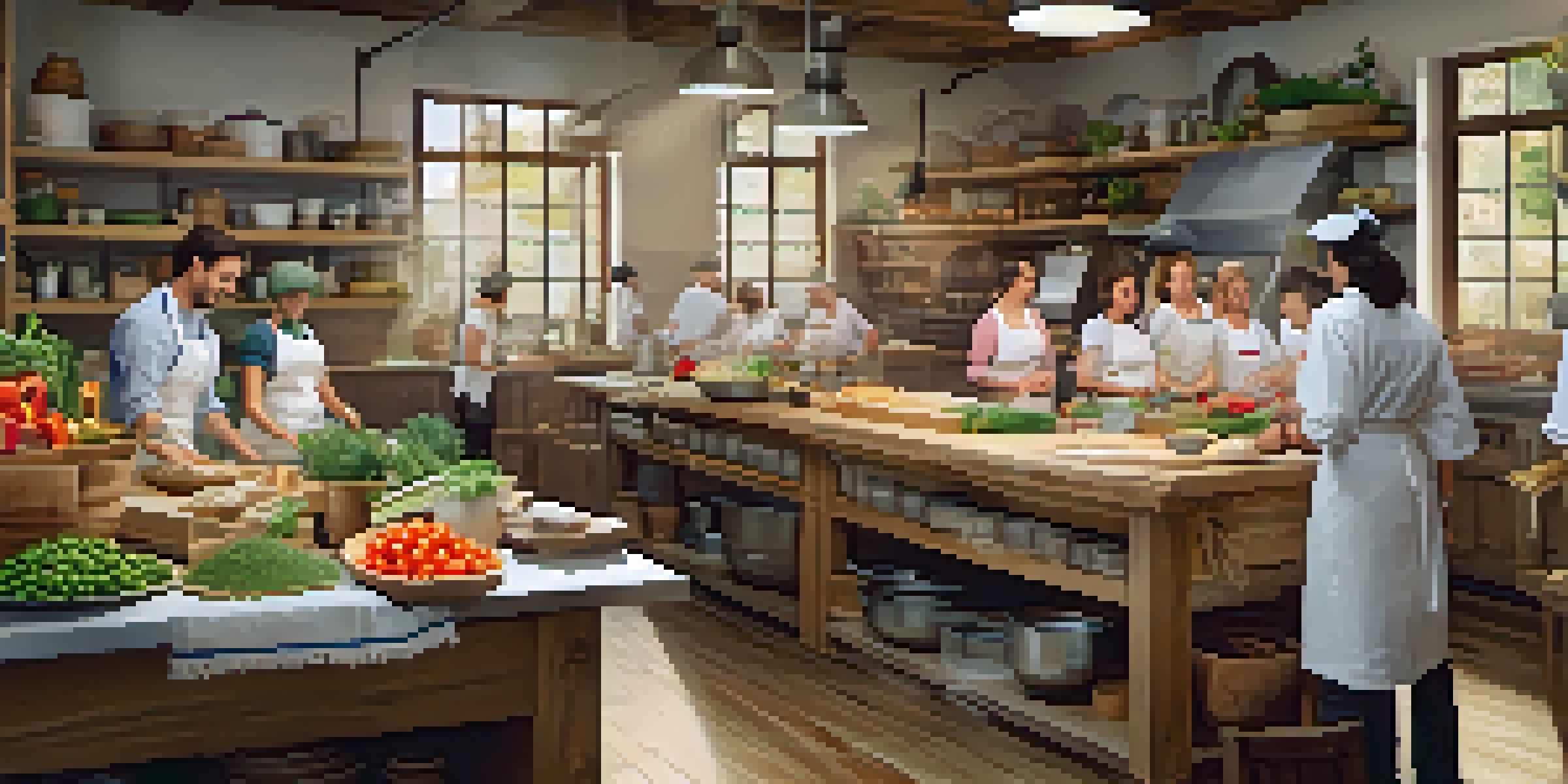 A lively cooking class with diverse participants making Italian dishes in a warm, inviting kitchen.