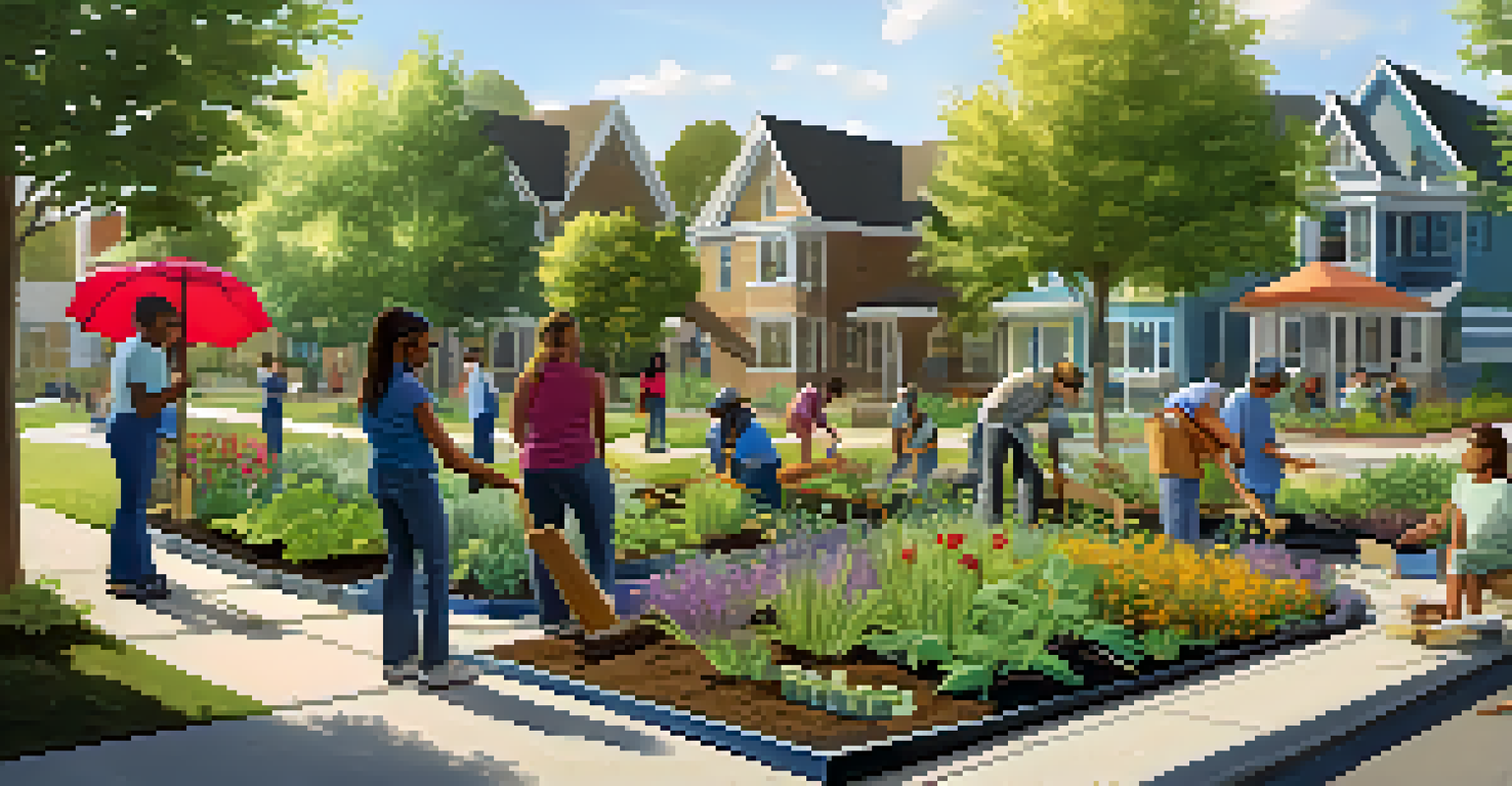 Residents of diverse backgrounds working together in a community workshop to plant a rain garden in a sunny neighborhood park.