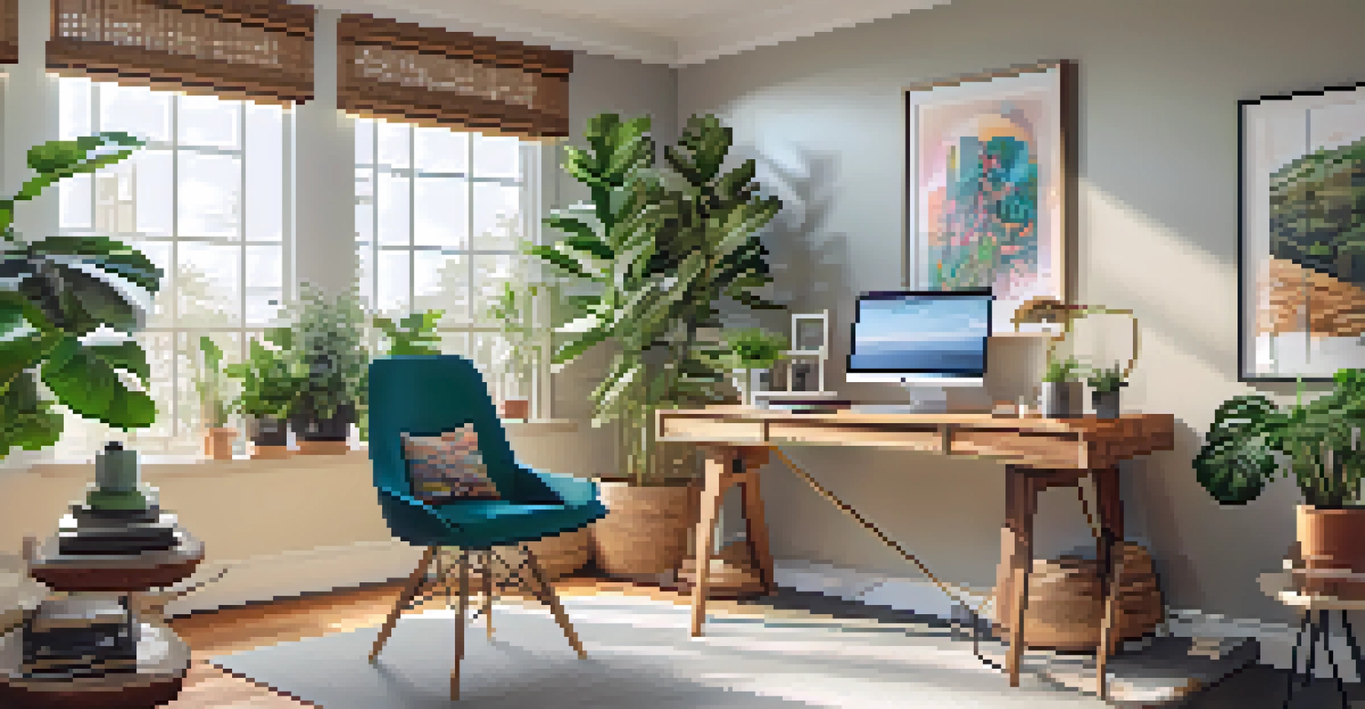 A modern home office in Santa Monica with natural light, a desk, and eco-friendly decor.