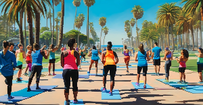 A lively outdoor boot camp in Santa Monica with diverse participants exercising under a sunny sky, surrounded by palm trees and ocean views.