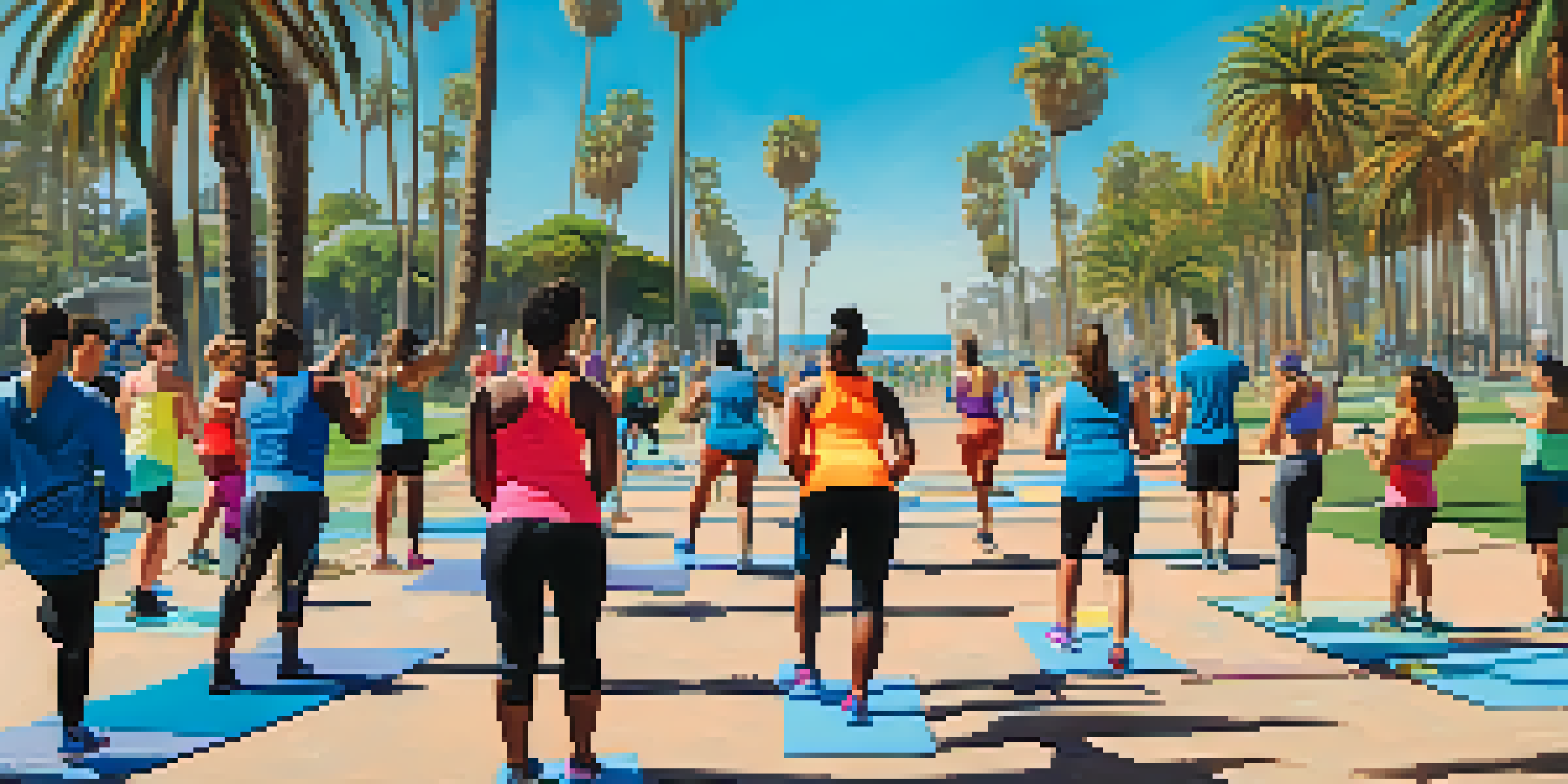 A lively outdoor boot camp in Santa Monica with diverse participants exercising under a sunny sky, surrounded by palm trees and ocean views.