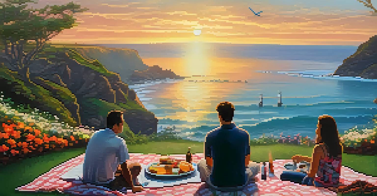 A serene picnic with a couple enjoying a meal while overlooking the ocean at sunset.