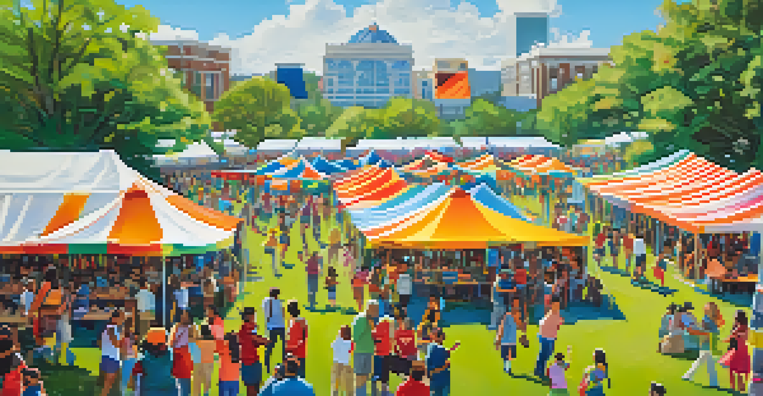 A vibrant outdoor cultural festival at Virginia Avenue Park Center with tents, local artists, and families enjoying music.